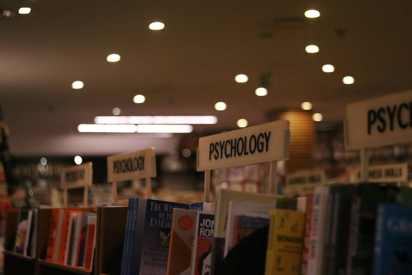 Señales de la sección de psicología sobre estanterías de biblioteca.